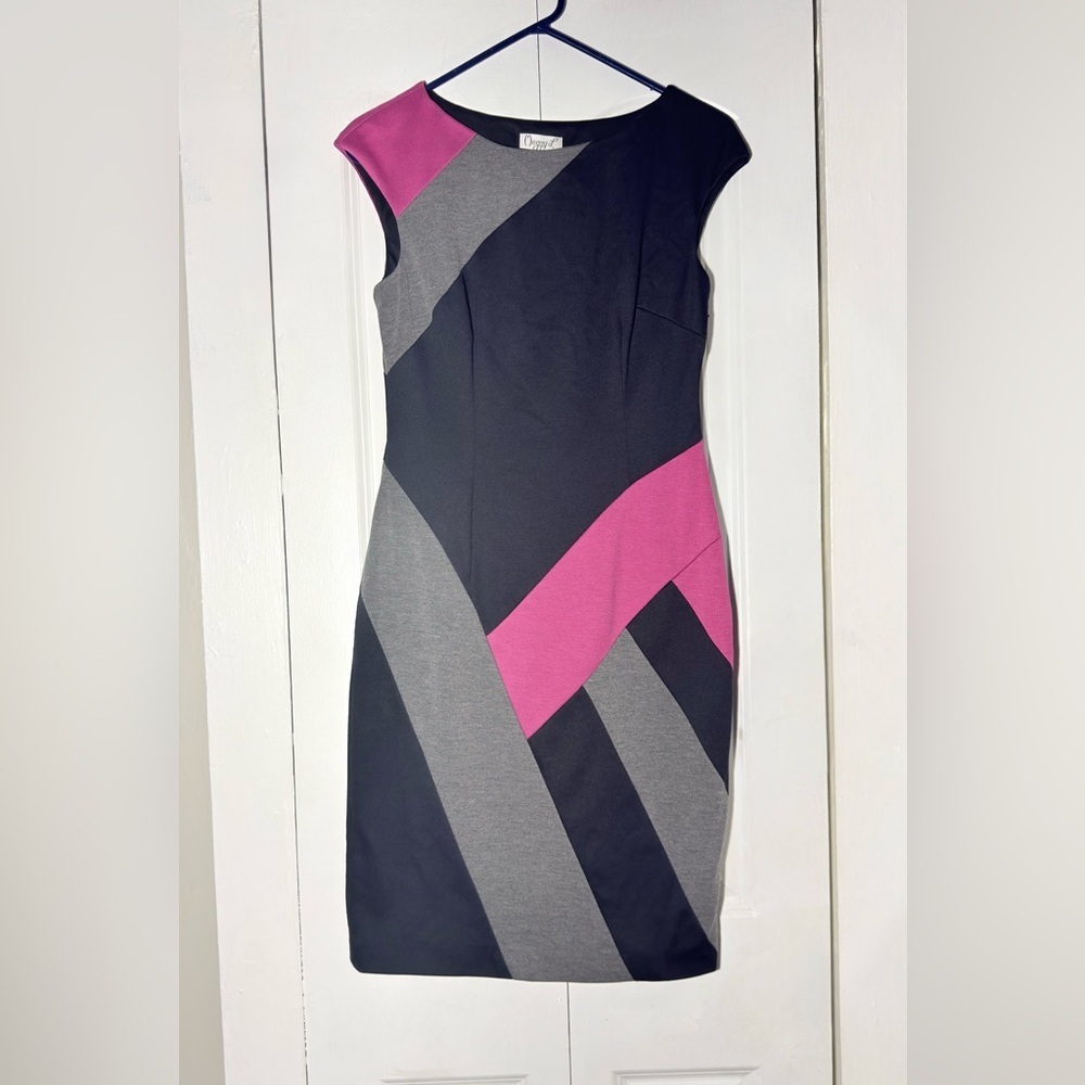 Maggy L Color Block Sheath Dress Size 6 Pink Grey Black Geometric Work Party - Picture 2 of 8